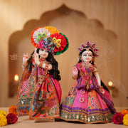 Radha Krishna Royal Pink & Multicolour Rajsi Poshak Set – Yugal Jodi 15 & 18 Inch