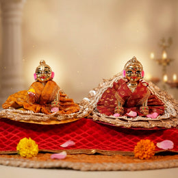 Radha Rani & Laddu Gopal Premium Red & Yellow Silk Poshak- (5