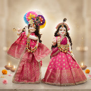 Radha Krishna Royal Banarasi Pink & Gold Rajsi Poshak Set – Yugal Jodi 15 & 18 Inch