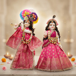 Radha Krishna Royal Banarasi Pink & Gold Rajsi Poshak Set – Yugal Jodi 15 & 18 Inch