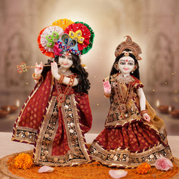 Radha Krishna Royal Red & Gold Nitya Seva Poshak Set – Yugal Jodi 15 & 18 Inch
