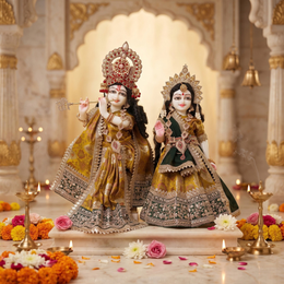 Radha Krishna Premium Royal Mustard yellow & Green Premium Poshak Set – Yugal Jodi 15 & 18 Inch
