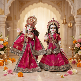 Radha Krishna Premium Royal Pink & Golden Premium Poshak Set – Yugal Jodi 15 & 18 Inch