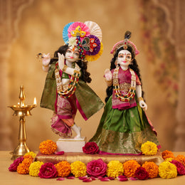 Radha Krishna Royal Banarasi Pink & Green Rajsi Poshak Set – Yugal Jodi 15 & 18 Inch