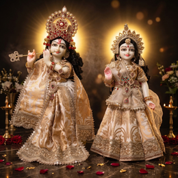 Radha Krishna Premium Royal Beige & White Premium Poshak Set – Yugal Jodi 15 & 18 Inch