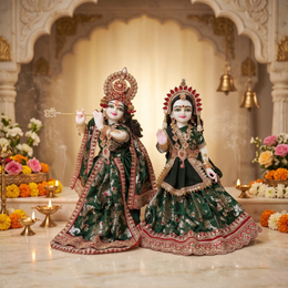 Radha Krishna Premium Royal Green & Red Premium Poshak Set – Yugal Jodi 15 & 18 Inch