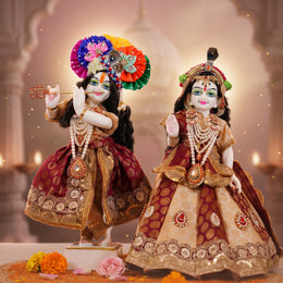 Radha Krishna Red & Gold Nitya Seva Poshak Set – Yugal Jodi 15 & 18 Inch