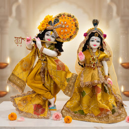 Radha Krishna Royal Mustard yellow Rajsi Poshak Set – Yugal Jodi 15 & 18 Inch