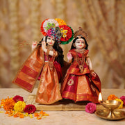 Radha Krishna Royal Red & Gold Banarasi Rajsi Poshak Set – Yugal Jodi 15 & 18 Inch