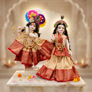 Radha Krishna Royal Banarasi Cream & Orange Rajsi Poshak Set – Yugal Jodi 15 & 18 Inch
