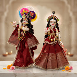 Radha Krishna Royal Banarasi Red & Gold Rajsi Poshak Set – Yugal Jodi 15 & 18 Inch