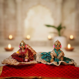 Radha Rani & Laddu Gopal Premium Red & Blue Silk Poshak- (5