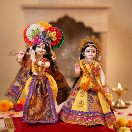Radha Krishna Purple & Yellow Nitya Seva Poshak Set – Yugal Jodi 15 & 18 Inch