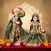 Radha Krishna Olive Green & Gold Rajsi Poshak Set – Yugal Jodi 15 & 18 Inch