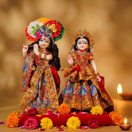 Radha Krishna Red Blue with Multicolour Rajsi Poshak Set – Yugal Jodi 15 & 18 Inch