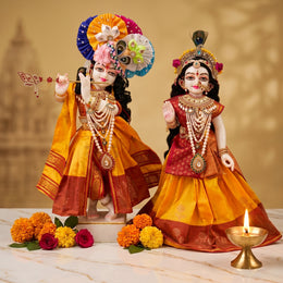 Radha Krishna Royal Banarasi Pink & Red Rajsi Poshak Set – Yugal Jodi 15 & 18 Inch