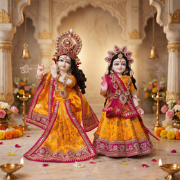 Radha Krishna Premium Royal Mustard yellow & Pink Premium Poshak Set – Yugal Jodi 15 & 18 Inch