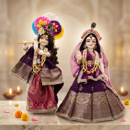 Radha Krishna Royal Banarasi Purple & Gold Rajsi Poshak Set – Yugal Jodi 15 & 18 Inch