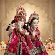 Radha Krishna Premium Royal Pink & Golden Premium Poshak Set – Yugal Jodi 15 & 18 Inch