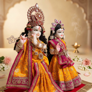 Radha Krishna Premium Royal Mustard yellow & Pink Premium Poshak Set – Yugal Jodi 15 & 18 Inch