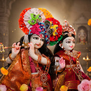 Radha Krishna Royal Red & Gold Banarasi Rajsi Poshak Set – Yugal Jodi 15 & 18 Inch