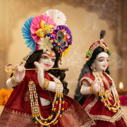 Radha Krishna Royal Banarasi Red & Gold Rajsi Poshak Set – Yugal Jodi 15 & 18 Inch