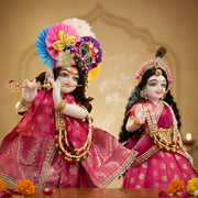 Radha Krishna Royal Banarasi Pink & Gold Rajsi Poshak Set – Yugal Jodi 15 & 18 Inch