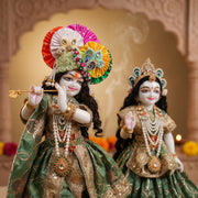 Radha Krishna Olive Green & Gold Rajsi Poshak Set – Yugal Jodi 15 & 18 Inch