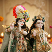Radha Krishna Olive Green & Gold Rajsi Poshak Set – Yugal Jodi 15 & 18 Inch