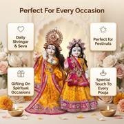 Radha Krishna Premium Royal Mustard yellow & Pink Premium Poshak Set – Yugal Jodi 15 & 18 Inch