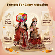 Radha Krishna Royal Red & Gold Nitya Seva Poshak Set – Yugal Jodi 15 & 18 Inch
