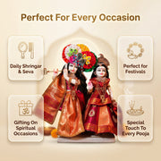 Radha Krishna Royal Red & Gold Banarasi Rajsi Poshak Set – Yugal Jodi 15 & 18 Inch