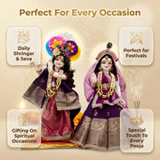 Radha Krishna Royal Banarasi Purple & Gold Rajsi Poshak Set – Yugal Jodi 15 & 18 Inch