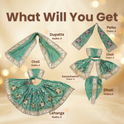 Radha Krishna Olive Green & Gold Rajsi Poshak Set – Yugal Jodi 15 & 18 Inch